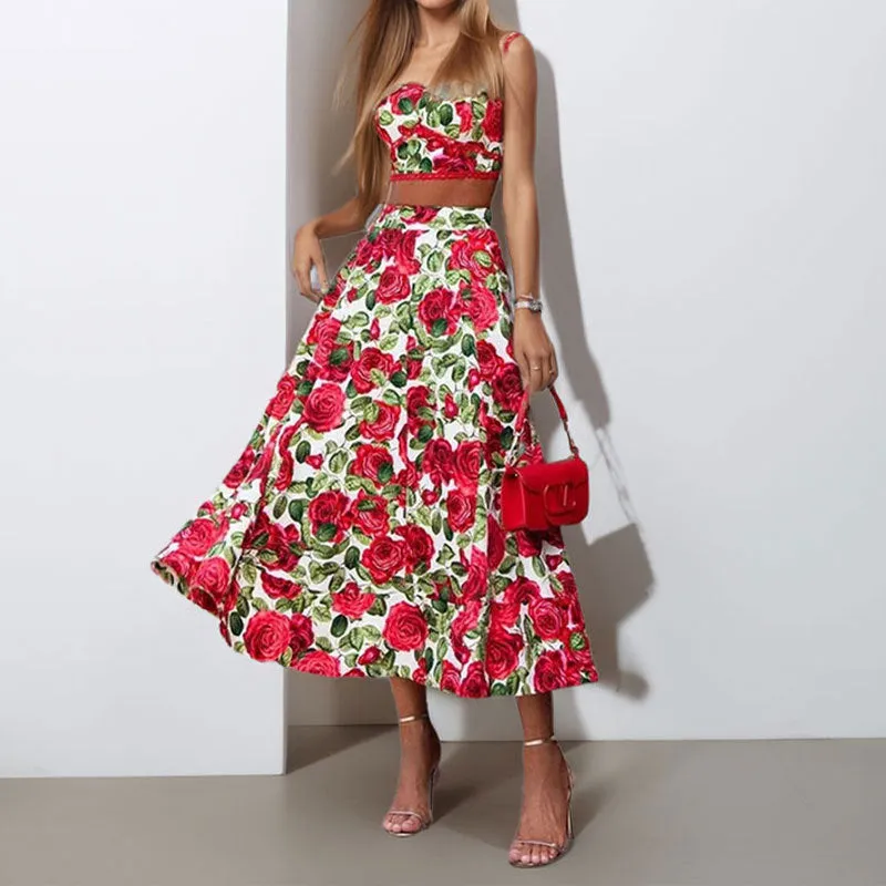 MOMENTLOVER 2025 Cross-border 2025 women's clothing fashionable and elegant rose print suspender lace edge top skirt two-piece suit women