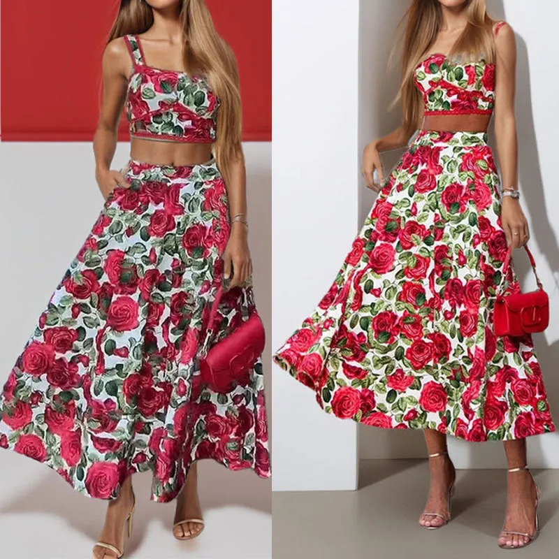 MOMENTLOVER 2025 Cross-border 2025 women's clothing fashionable and elegant rose print suspender lace edge top skirt two-piece suit women