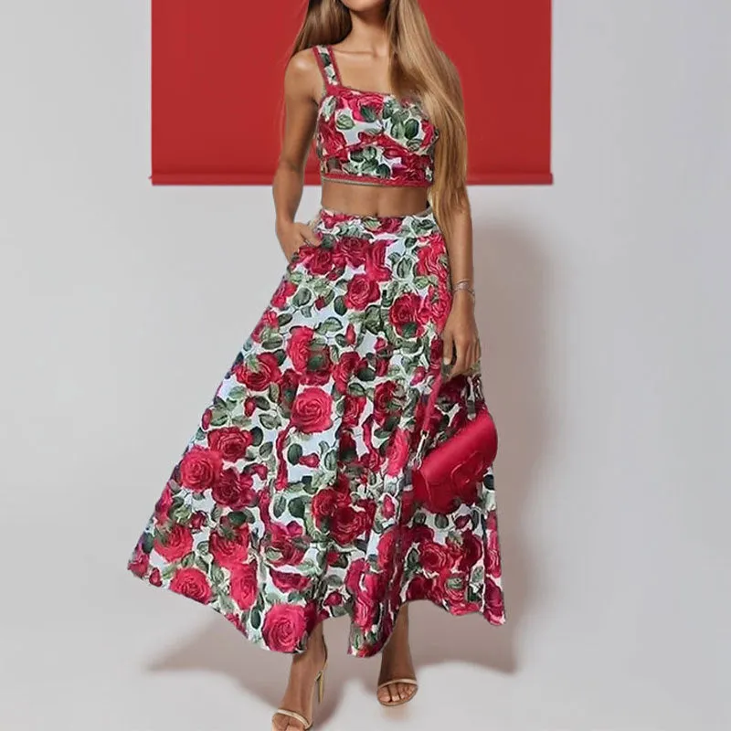 MOMENTLOVER 2025 Cross-border 2025 women's clothing fashionable and elegant rose print suspender lace edge top skirt two-piece suit women