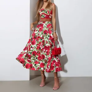 MOMENTLOVER 2025 Cross-border 2025 women's clothing fashionable and elegant rose print suspender lace edge top skirt two-piece suit women