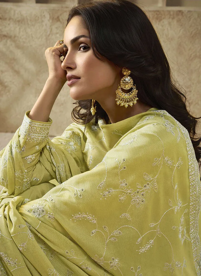 Neon Yellow Thread And Sequence Embroidery Pant Suit