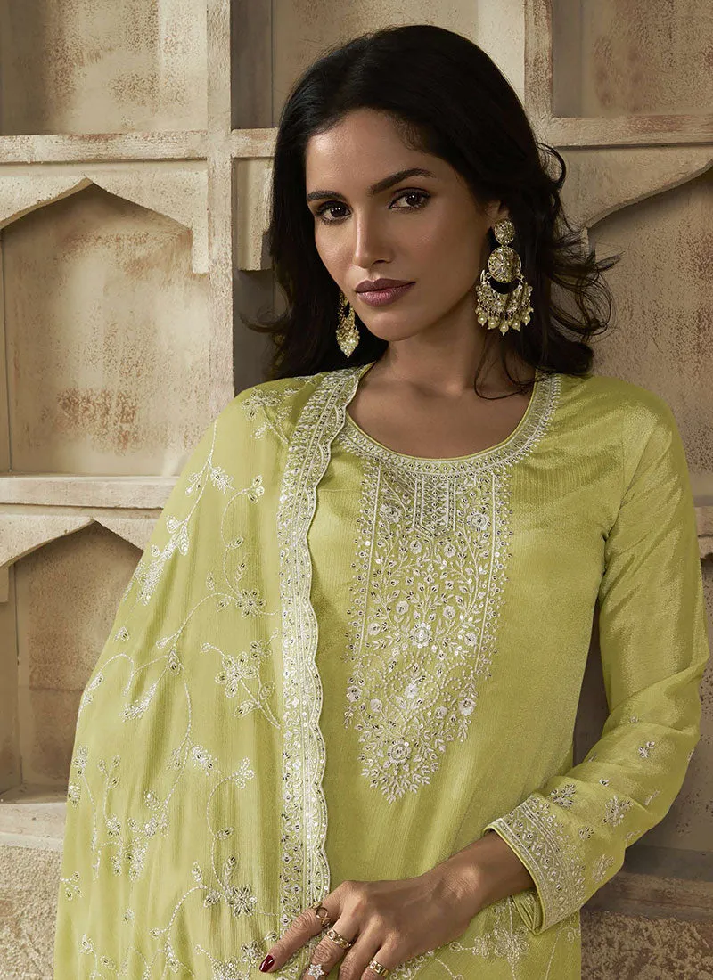 Neon Yellow Thread And Sequence Embroidery Pant Suit