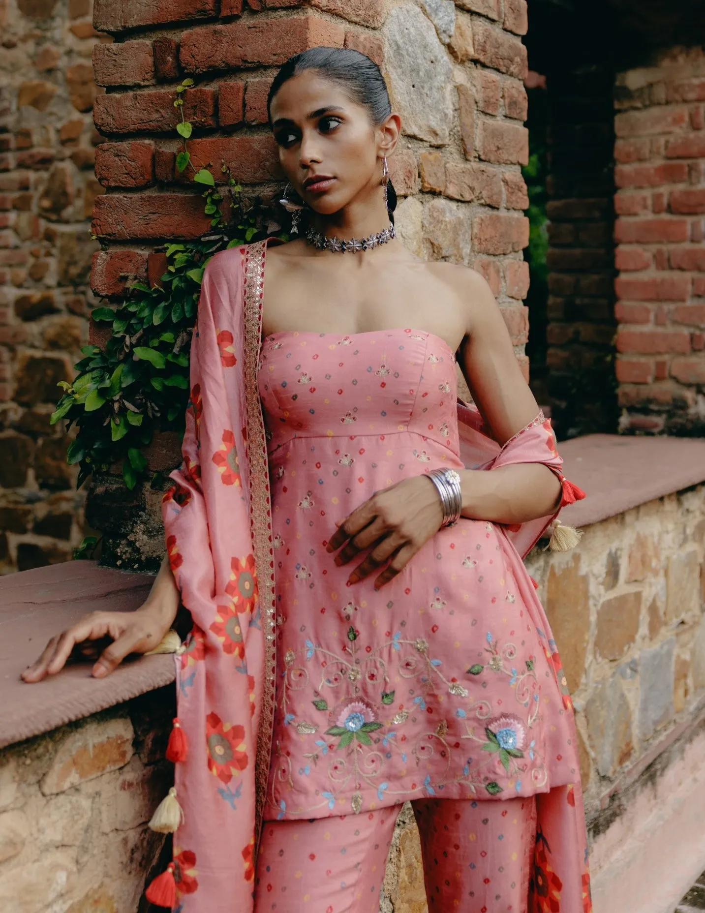 Pink embroidered tube top and palazzo set