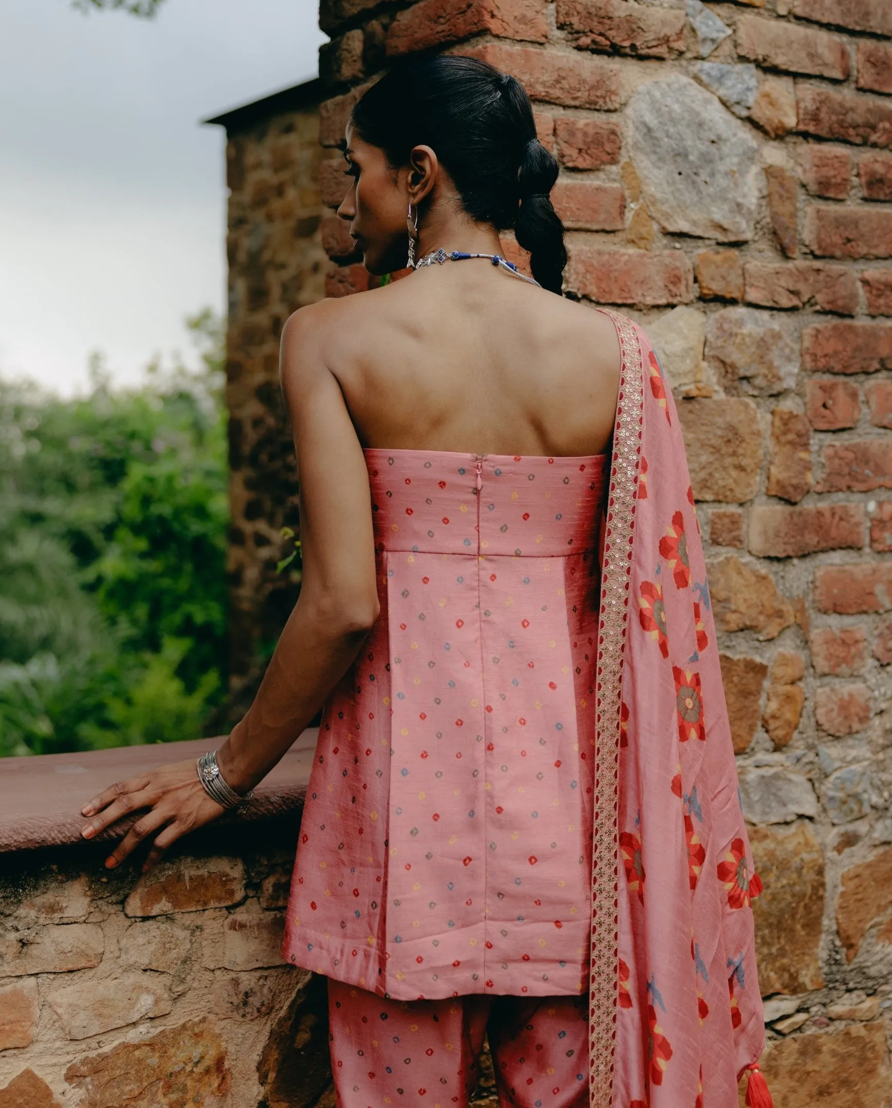 Pink embroidered tube top and palazzo set