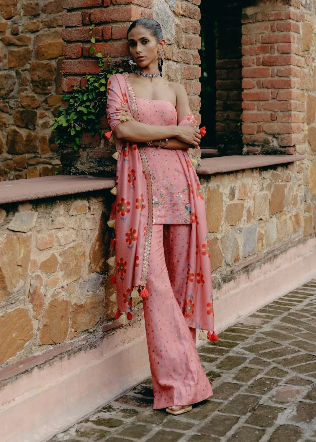 Pink embroidered tube top and palazzo set
