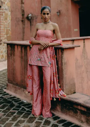 Pink embroidered tube top and palazzo set
