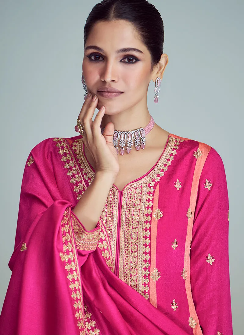 Pink Golden Sequence Embroidery Anarkali Pant Suit
