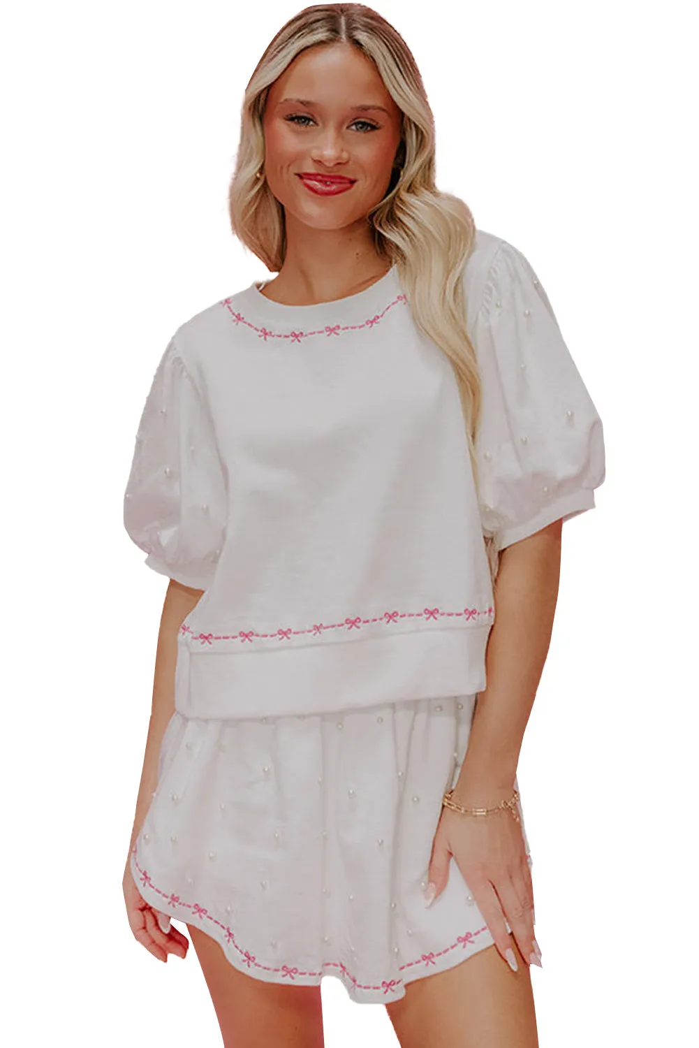 Pink Sweet Bow Trim Pearl Embellished Blouse and Skort Set