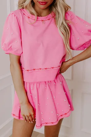 Pink Sweet Bow Trim Pearl Embellished Blouse and Skort Set