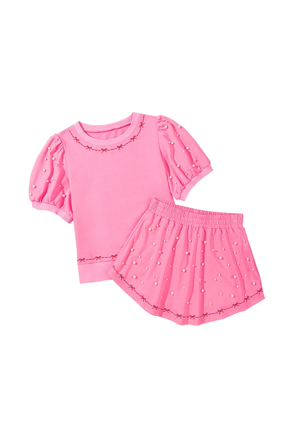 Pink Sweet Bow Trim Pearl Embellished Blouse and Skort Set