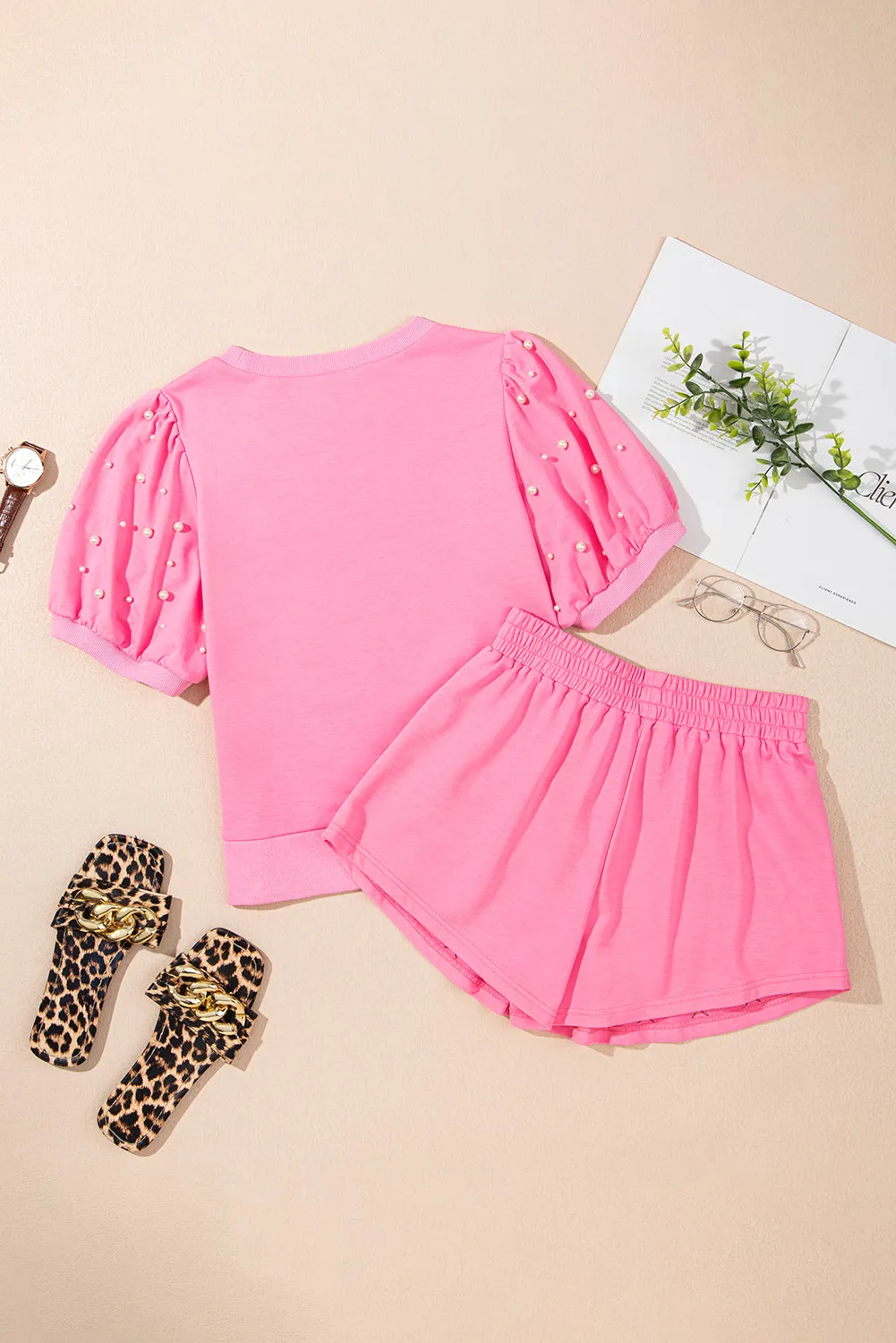 Pink Sweet Bow Trim Pearl Embellished Blouse and Skort Set