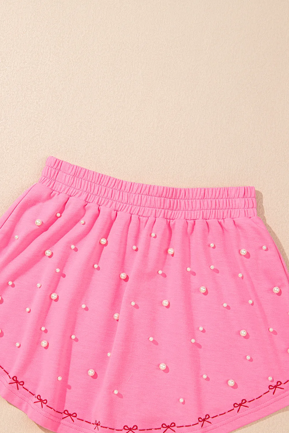 Pink Sweet Bow Trim Pearl Embellished Blouse and Skort Set