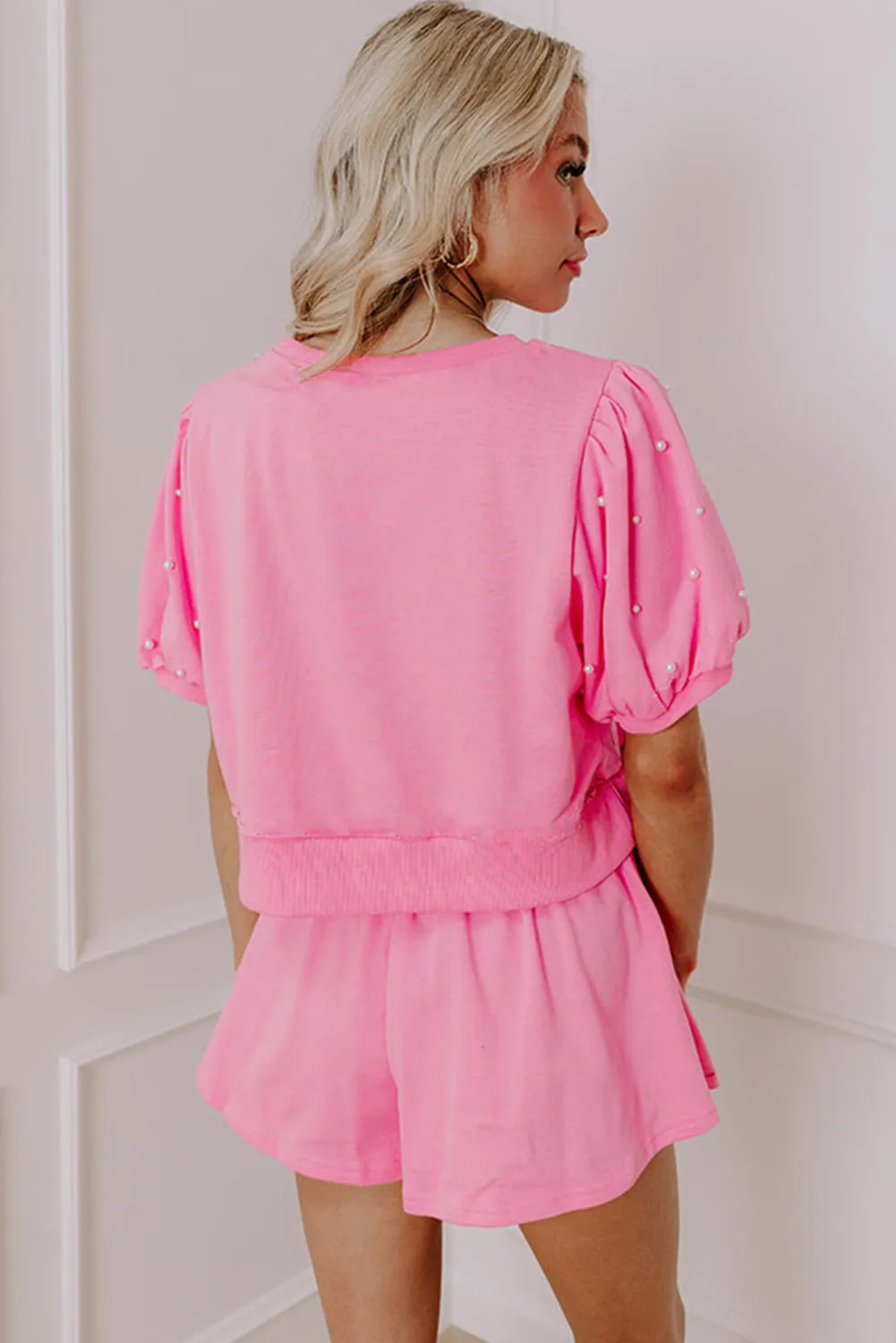 Pink Sweet Bow Trim Pearl Embellished Blouse and Skort Set