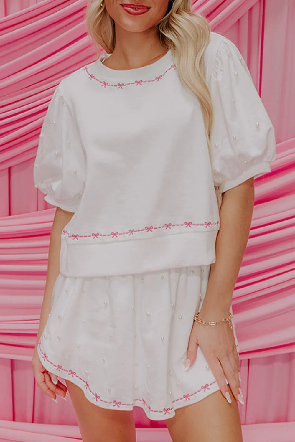 Pink Sweet Bow Trim Pearl Embellished Blouse and Skort Set