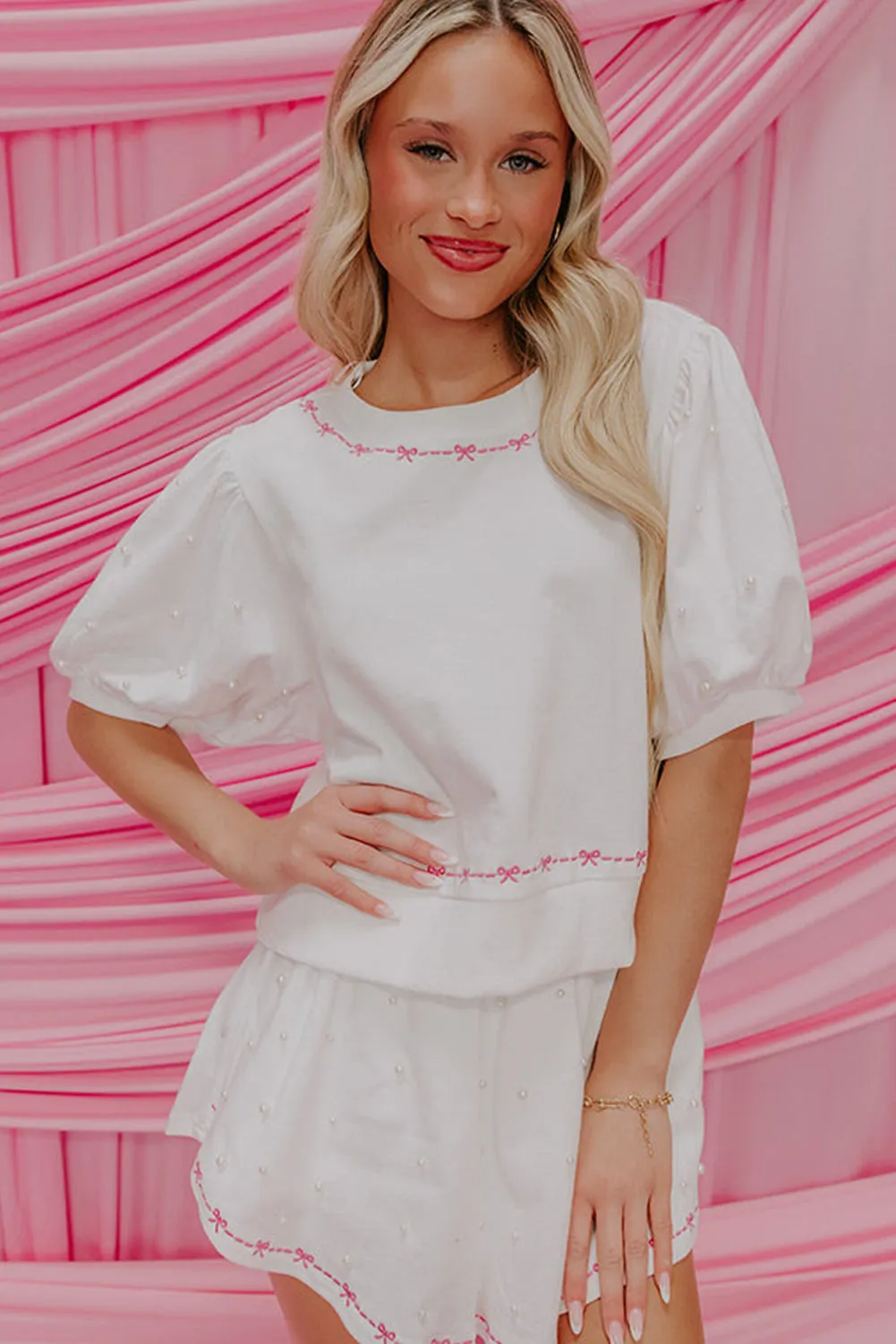 Pink Sweet Bow Trim Pearl Embellished Blouse and Skort Set