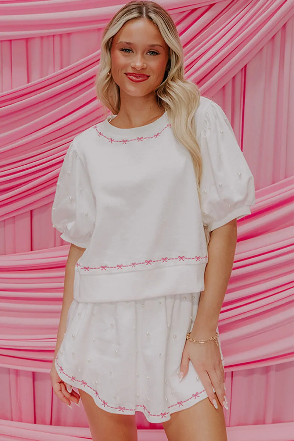Pink Sweet Bow Trim Pearl Embellished Blouse and Skort Set