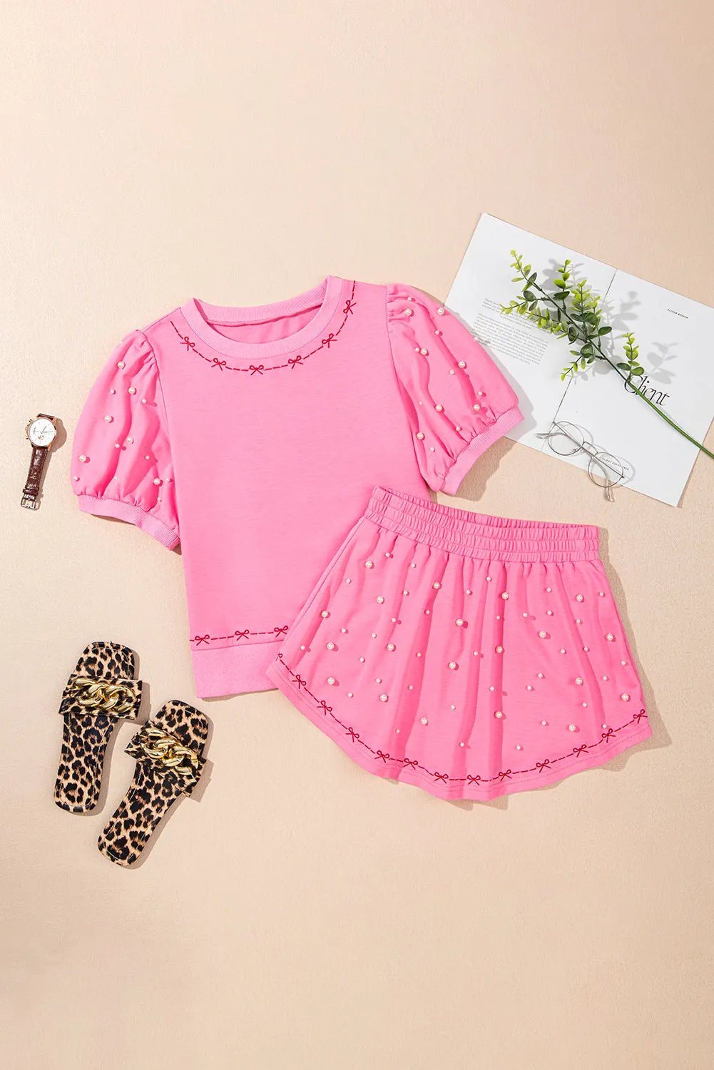 Pink Sweet Bow Trim Pearl Embellished Blouse and Skort Set