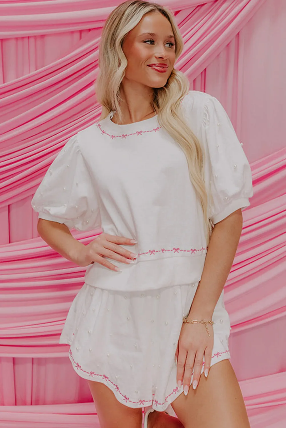 Pink Sweet Bow Trim Pearl Embellished Blouse and Skort Set
