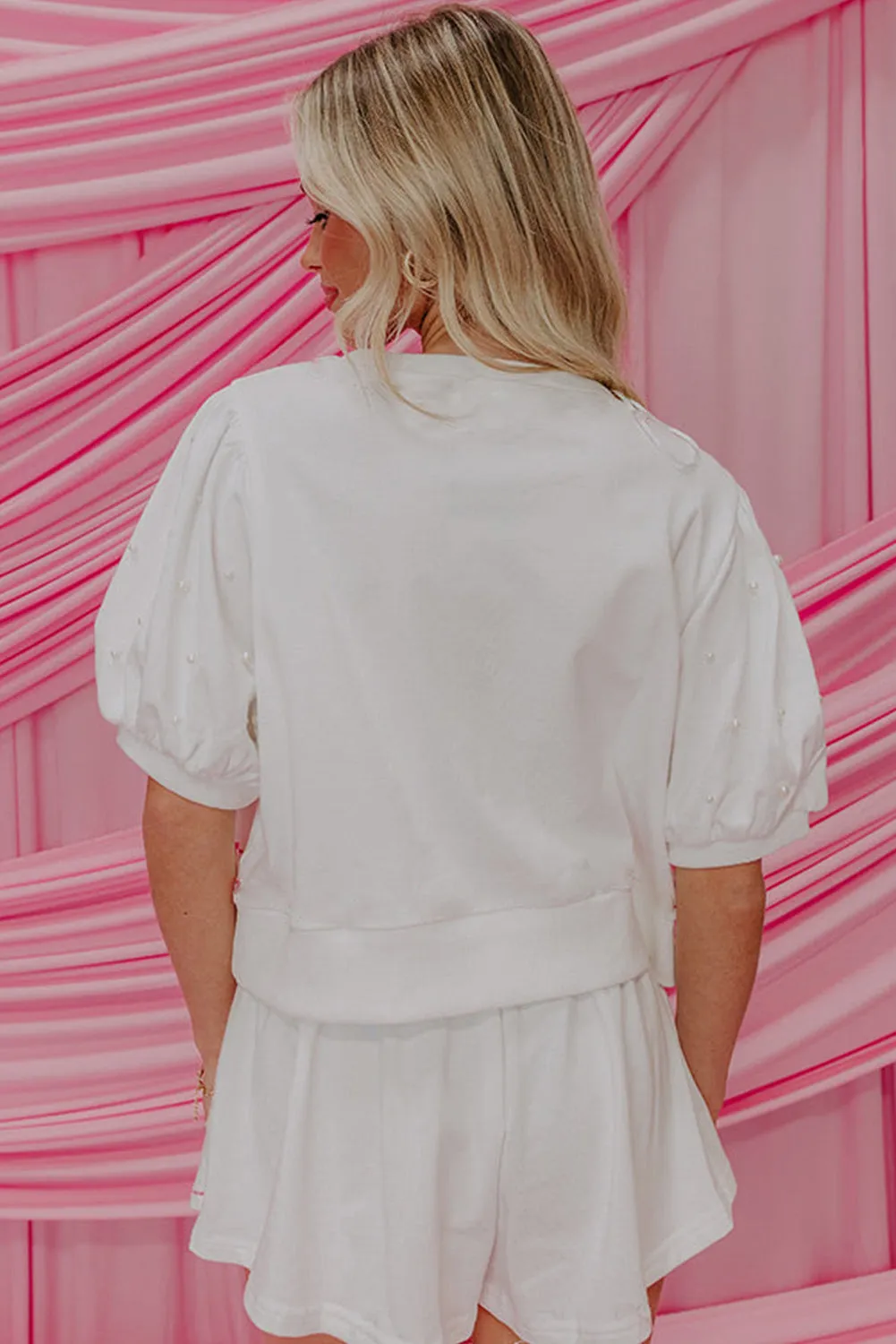 Pink Sweet Bow Trim Pearl Embellished Blouse and Skort Set