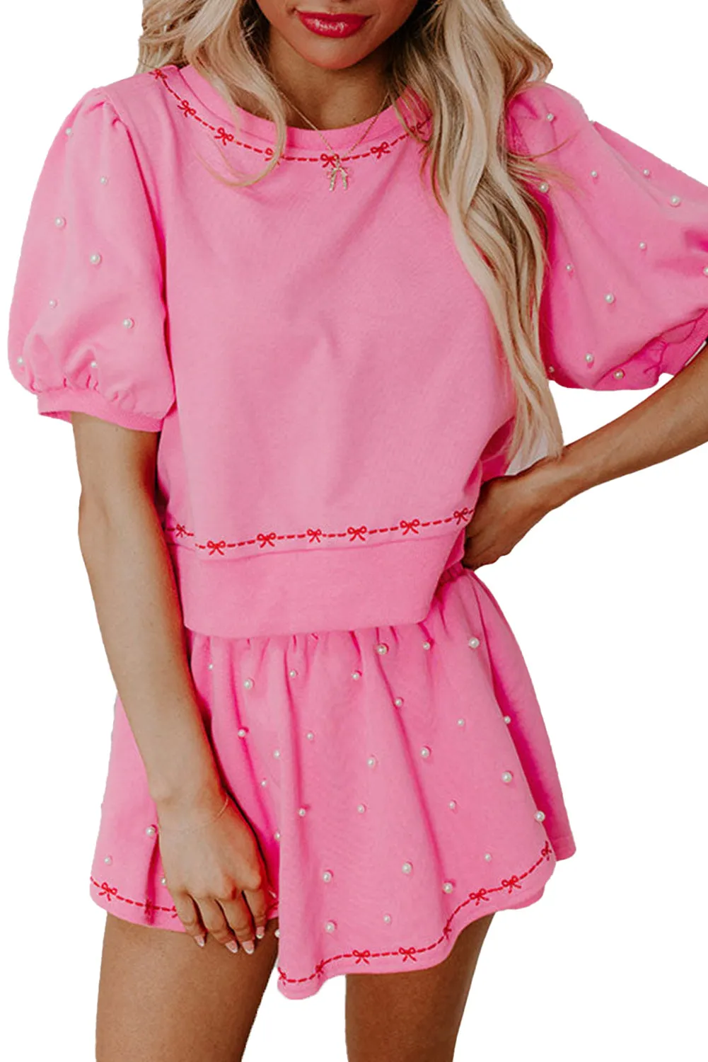 Pink Sweet Bow Trim Pearl Embellished Blouse and Skort Set