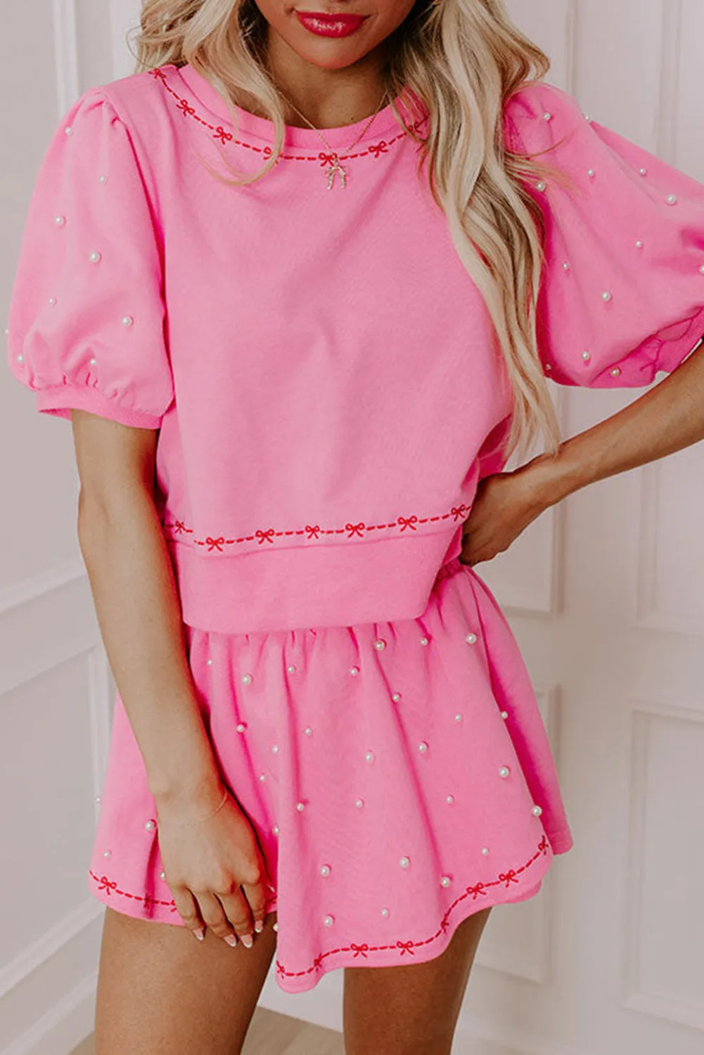 Pink Sweet Bow Trim Pearl Embellished Blouse and Skort Set