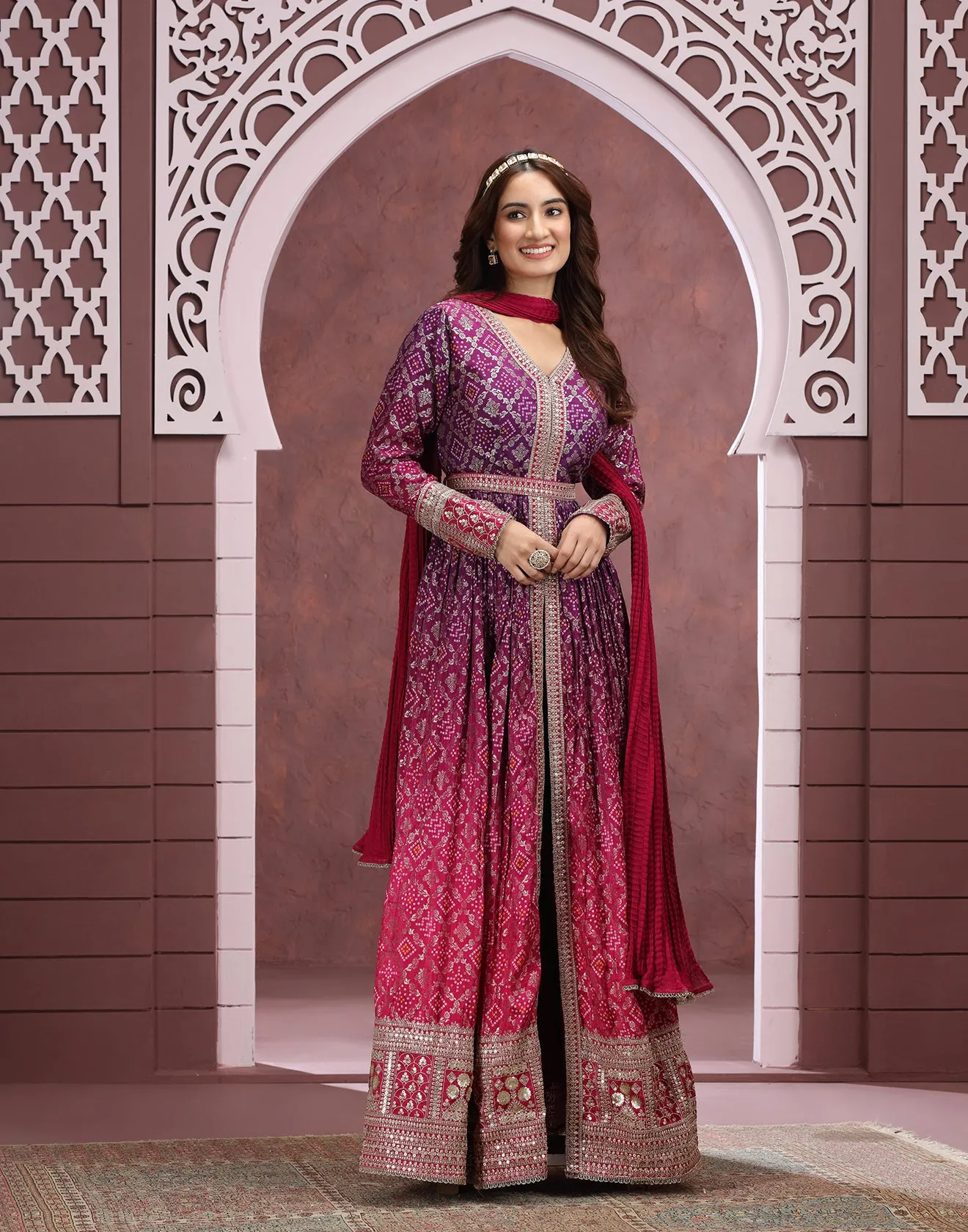 Purple And Pink Shaded Bandhej Printed Anarkali Set
