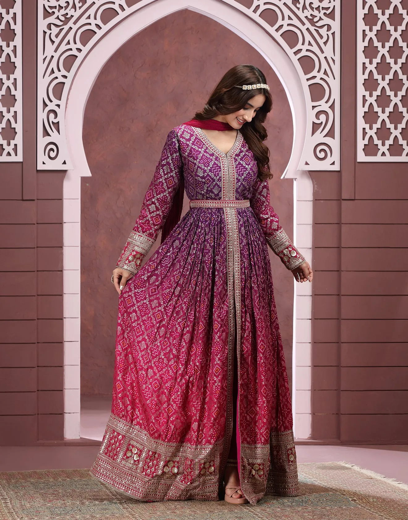 Purple And Pink Shaded Bandhej Printed Anarkali Set