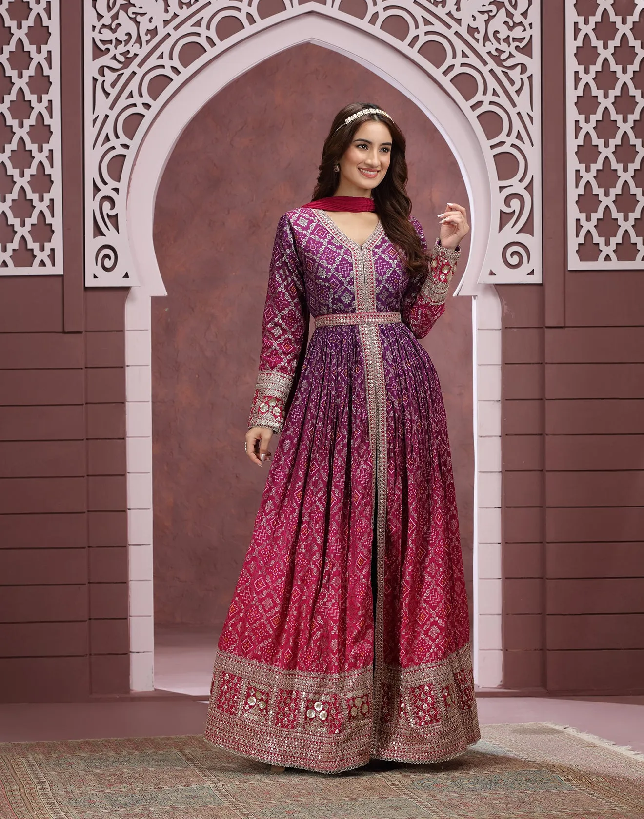 Purple And Pink Shaded Bandhej Printed Anarkali Set