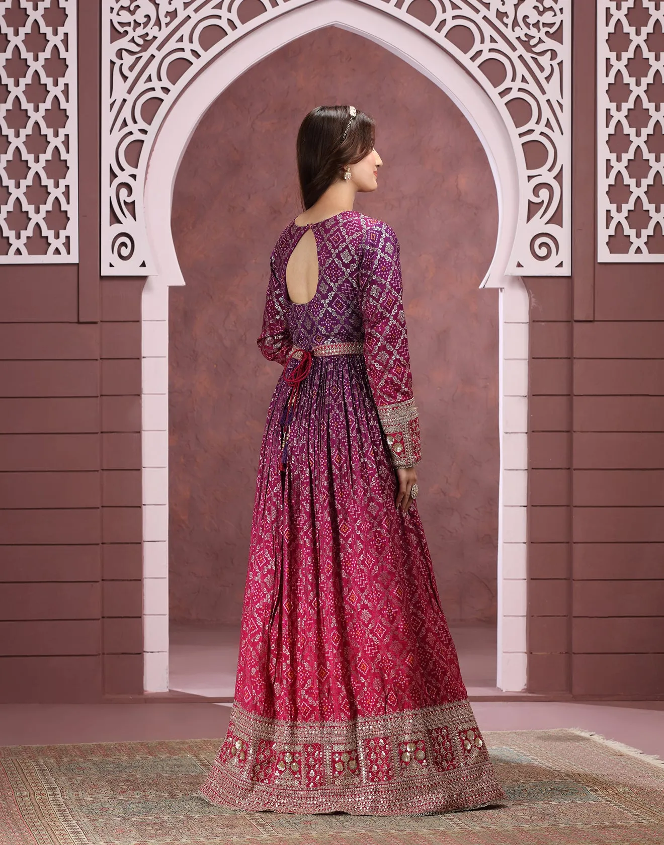 Purple And Pink Shaded Bandhej Printed Anarkali Set