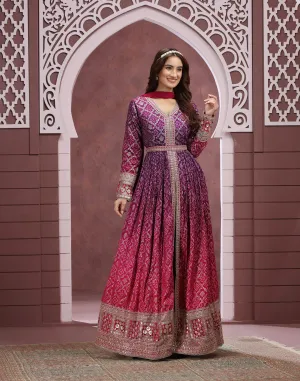 Purple And Pink Shaded Bandhej Printed Anarkali Set