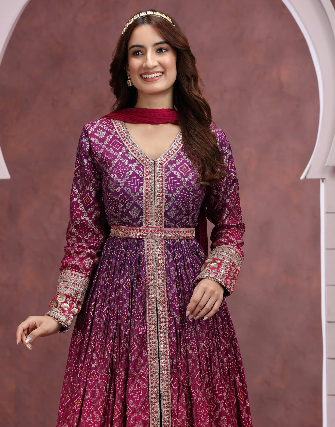 Purple And Pink Shaded Bandhej Printed Anarkali Set