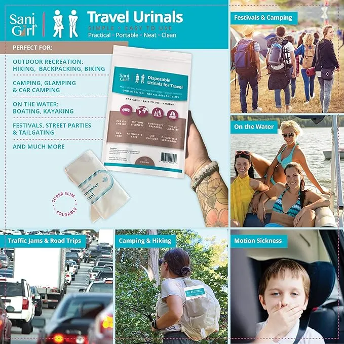 SaniGirl Disposable Urinals | Portable Pee Bags | Travel Urinal for Women Kids Adults Sanitary Emergency Urinal and Motion Sickness Bag Road Trips Travel Essentials (Pack of 10)…