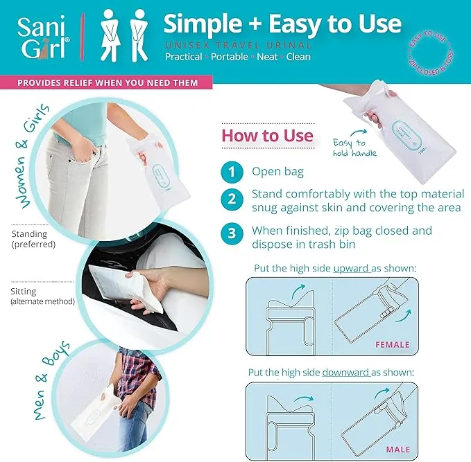 SaniGirl Disposable Urinals | Portable Pee Bags | Travel Urinal for Women Kids Adults Sanitary Emergency Urinal and Motion Sickness Bag Road Trips Travel Essentials (Pack of 10)…