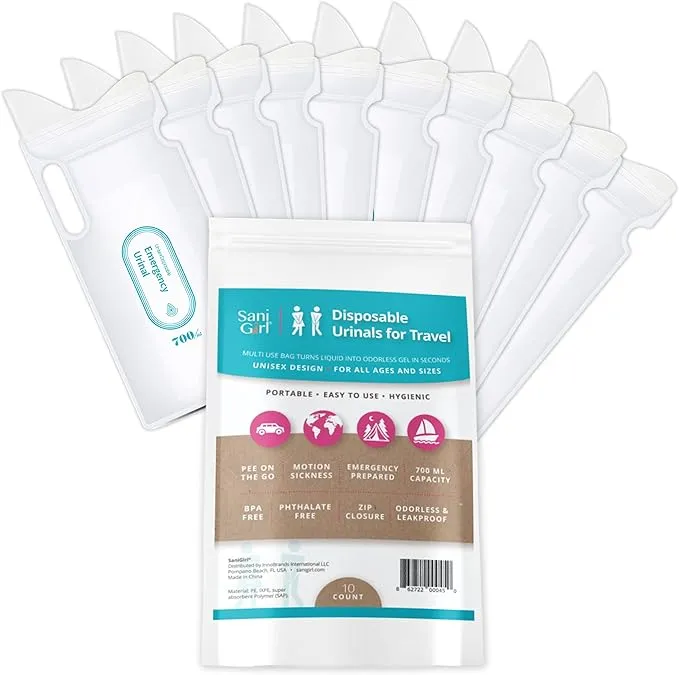 SaniGirl Disposable Urinals | Portable Pee Bags | Travel Urinal for Women Kids Adults Sanitary Emergency Urinal and Motion Sickness Bag Road Trips Travel Essentials (Pack of 10)…