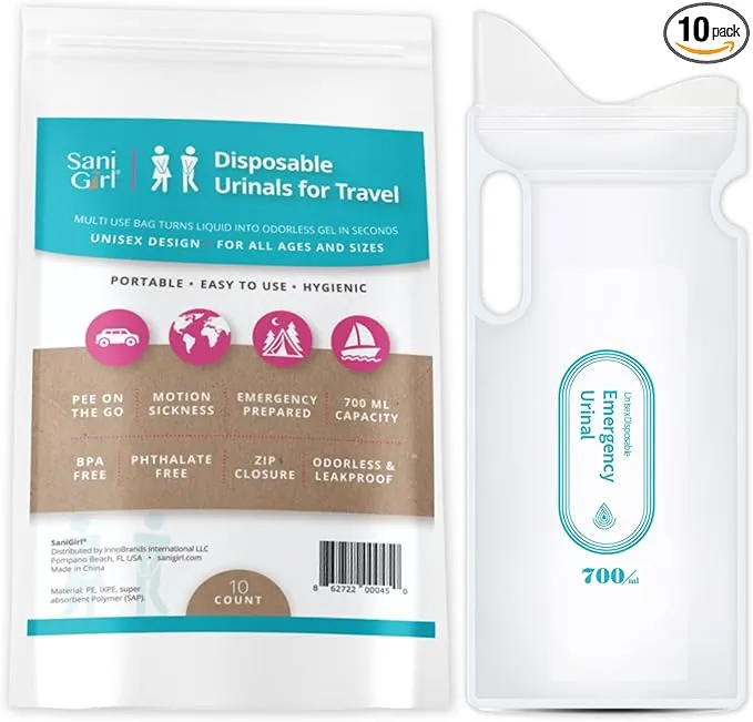 SaniGirl Disposable Urinals | Portable Pee Bags | Travel Urinal for Women Kids Adults Sanitary Emergency Urinal and Motion Sickness Bag Road Trips Travel Essentials (Pack of 10)…