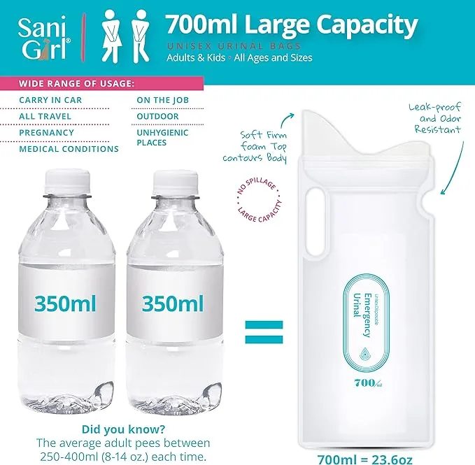 SaniGirl Disposable Urinals | Portable Pee Bags | Travel Urinal for Women Kids Adults Sanitary Emergency Urinal and Motion Sickness Bag Road Trips Travel Essentials (Pack of 10)…