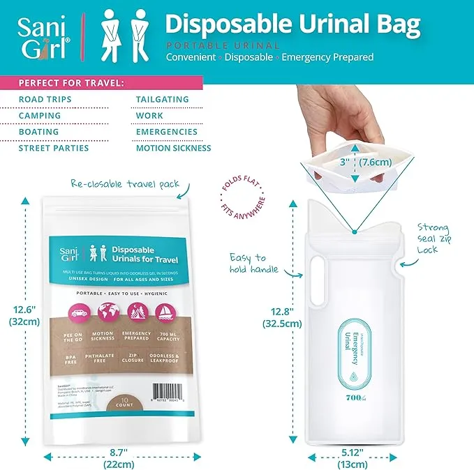 SaniGirl Disposable Urinals | Portable Pee Bags | Travel Urinal for Women Kids Adults Sanitary Emergency Urinal and Motion Sickness Bag Road Trips Travel Essentials (Pack of 10)…