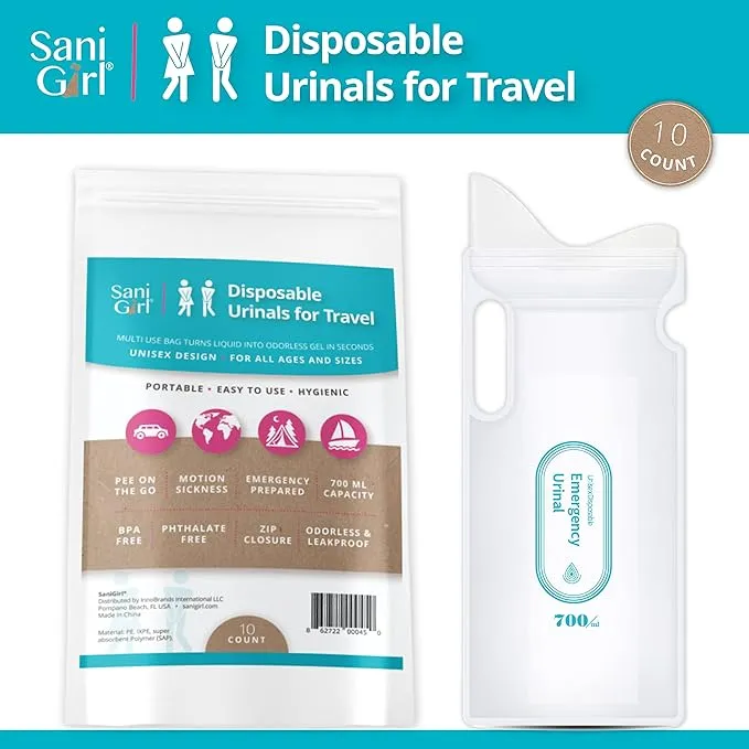 SaniGirl Disposable Urinals | Portable Pee Bags | Travel Urinal for Women Kids Adults Sanitary Emergency Urinal and Motion Sickness Bag Road Trips Travel Essentials (Pack of 10)…