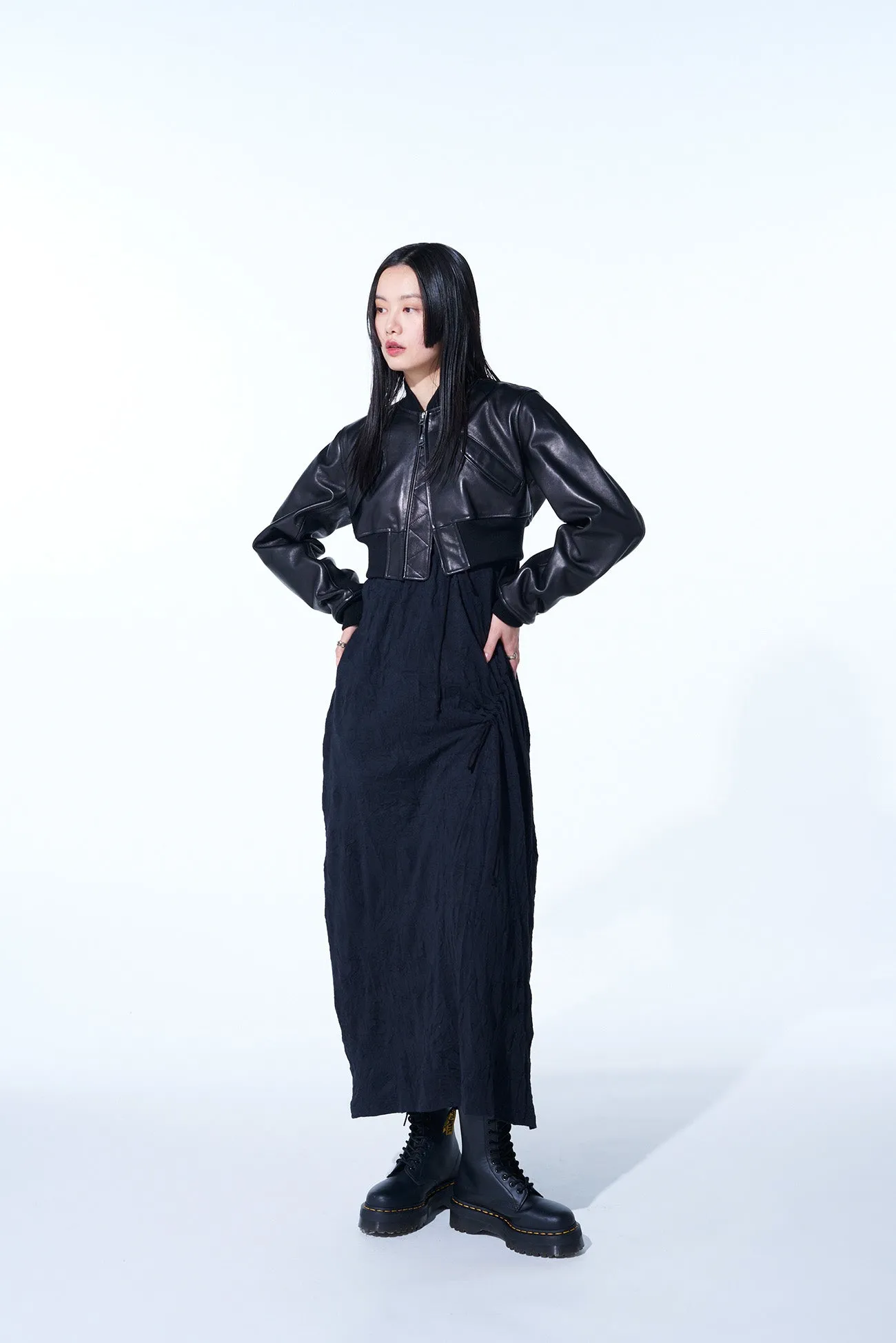 SEMI-VEGETABLE TANNED SHEEP LEATHER CROPPED BOMBER JACKET