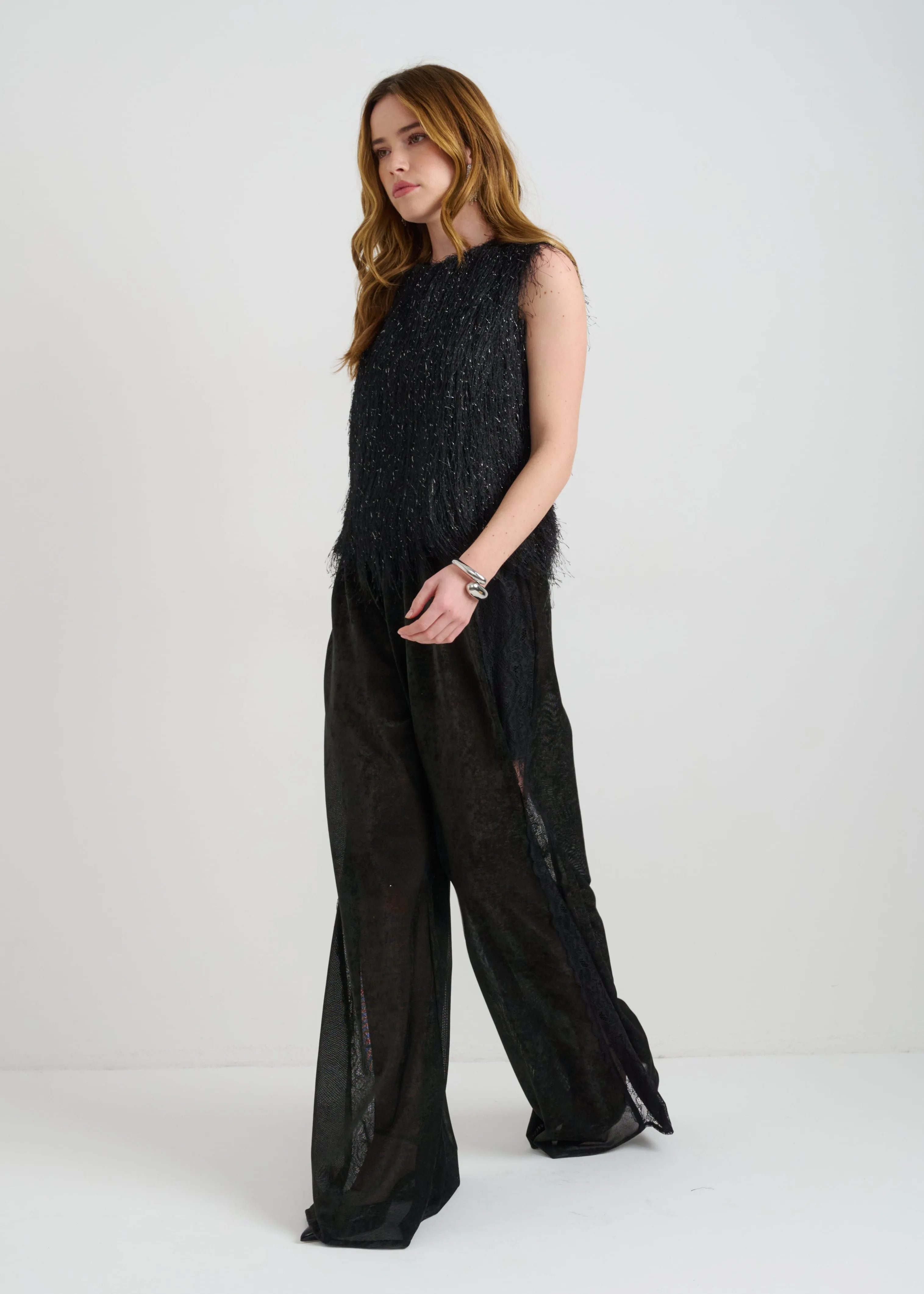 Sheer Wide-Leg Women’s Pants with Lace Detailing