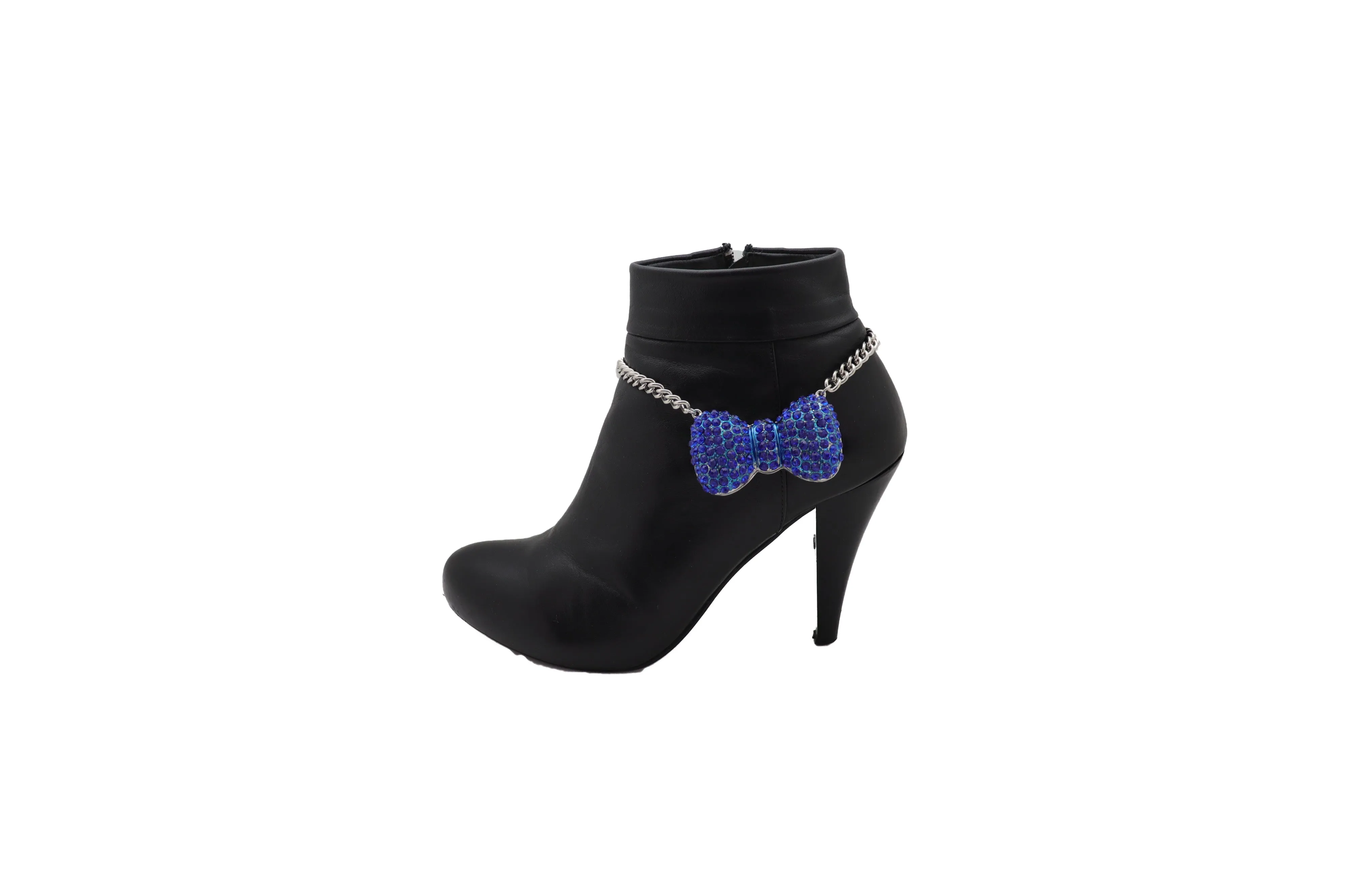 Silver Metal Chain Boot Bracelet Western Blue Bow Tie Charm Shoe Anklet