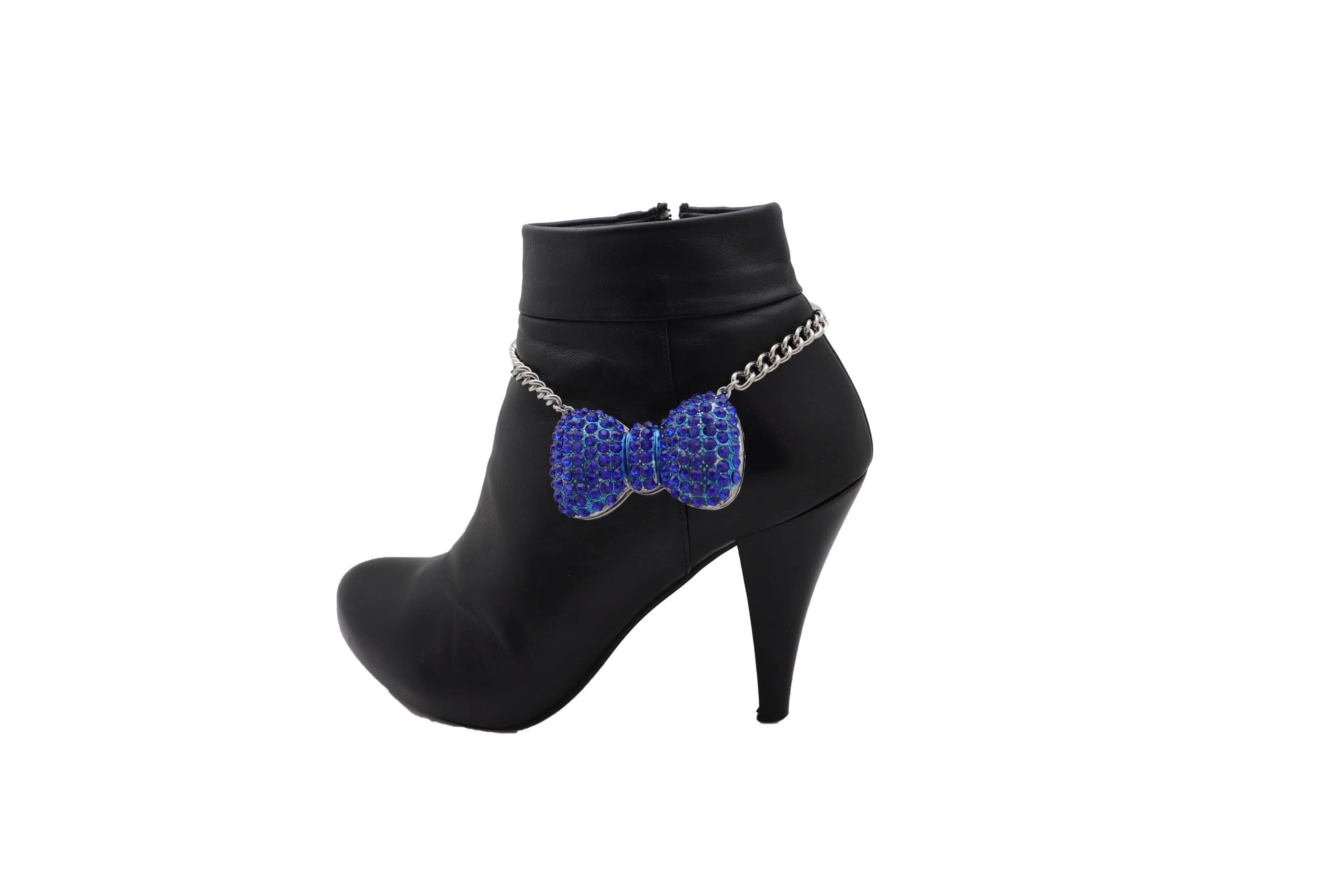 Silver Metal Chain Boot Bracelet Western Blue Bow Tie Charm Shoe Anklet