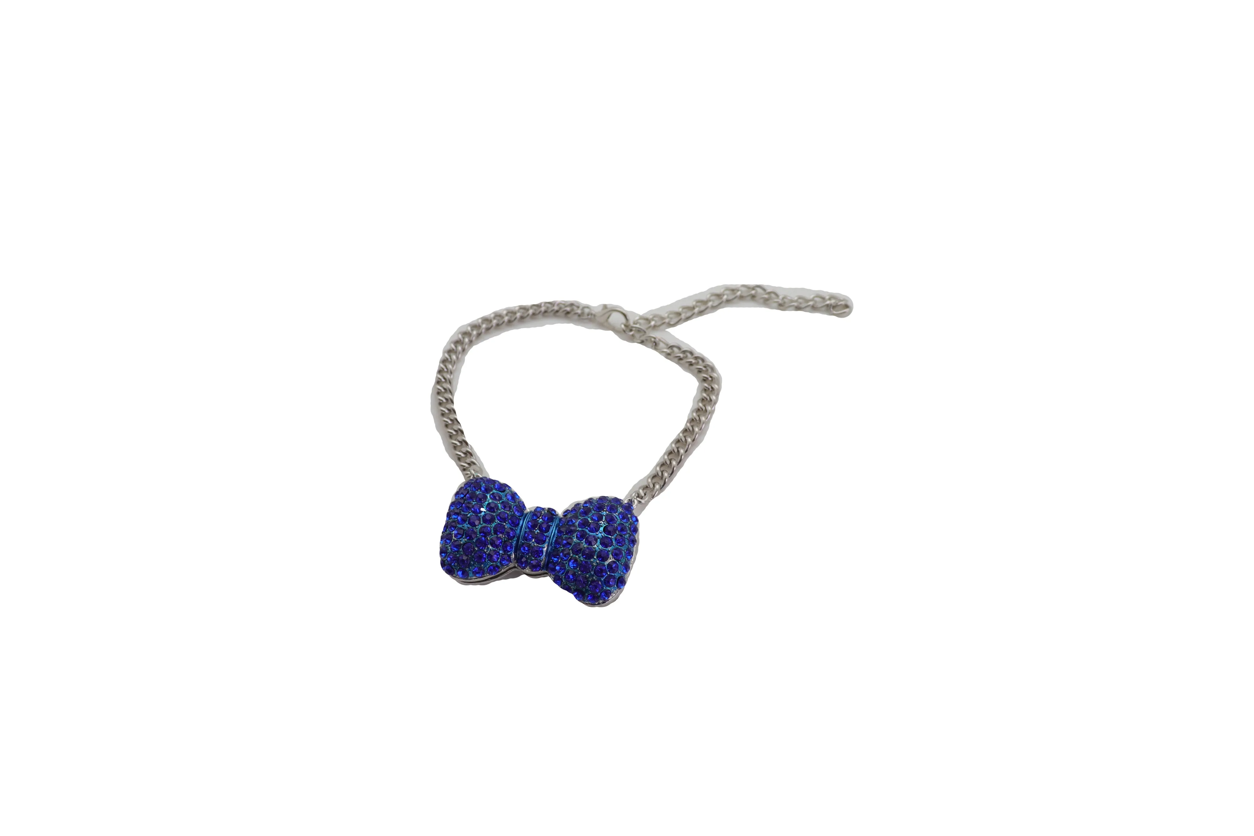 Silver Metal Chain Boot Bracelet Western Blue Bow Tie Charm Shoe Anklet