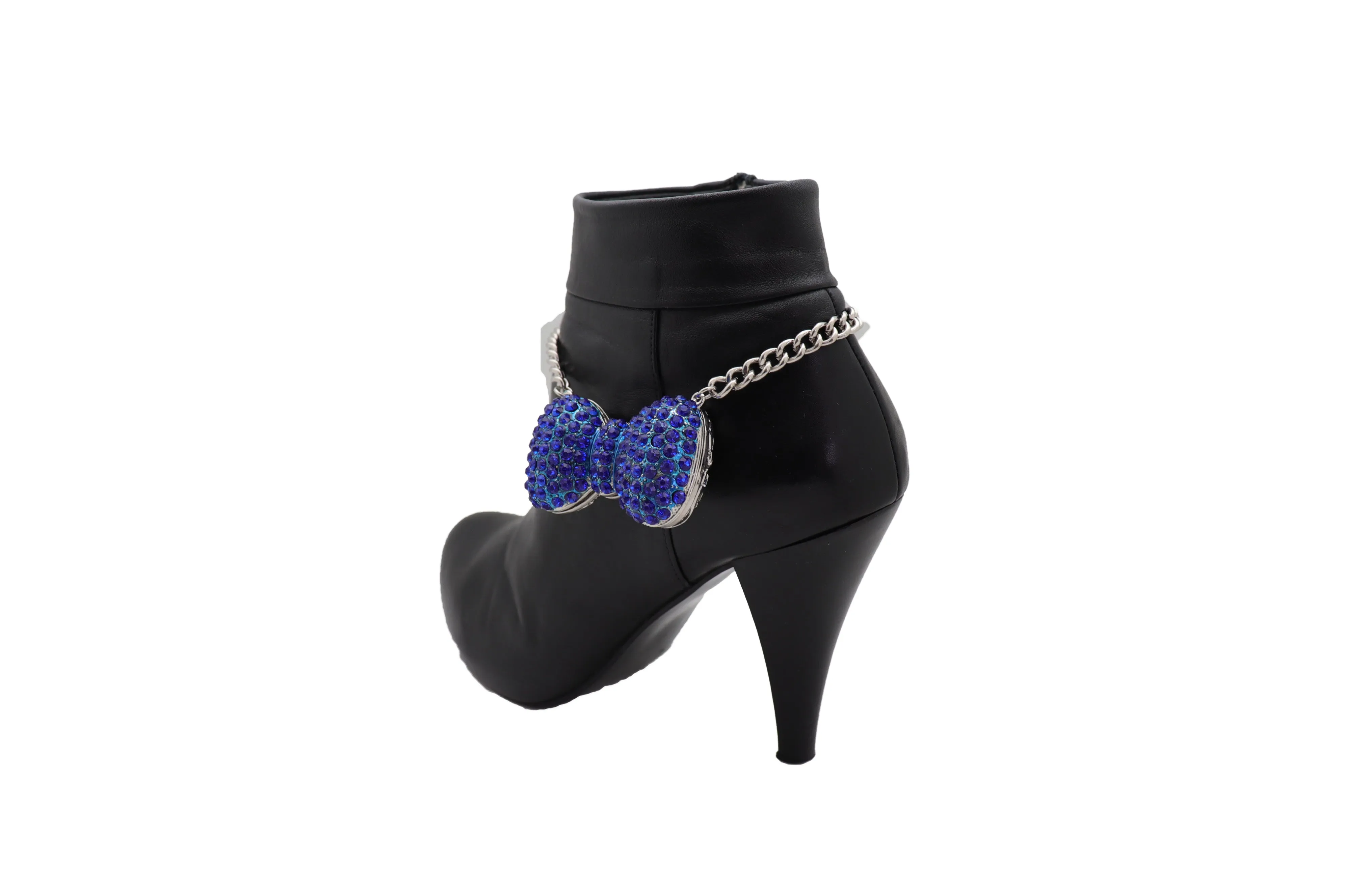 Silver Metal Chain Boot Bracelet Western Blue Bow Tie Charm Shoe Anklet