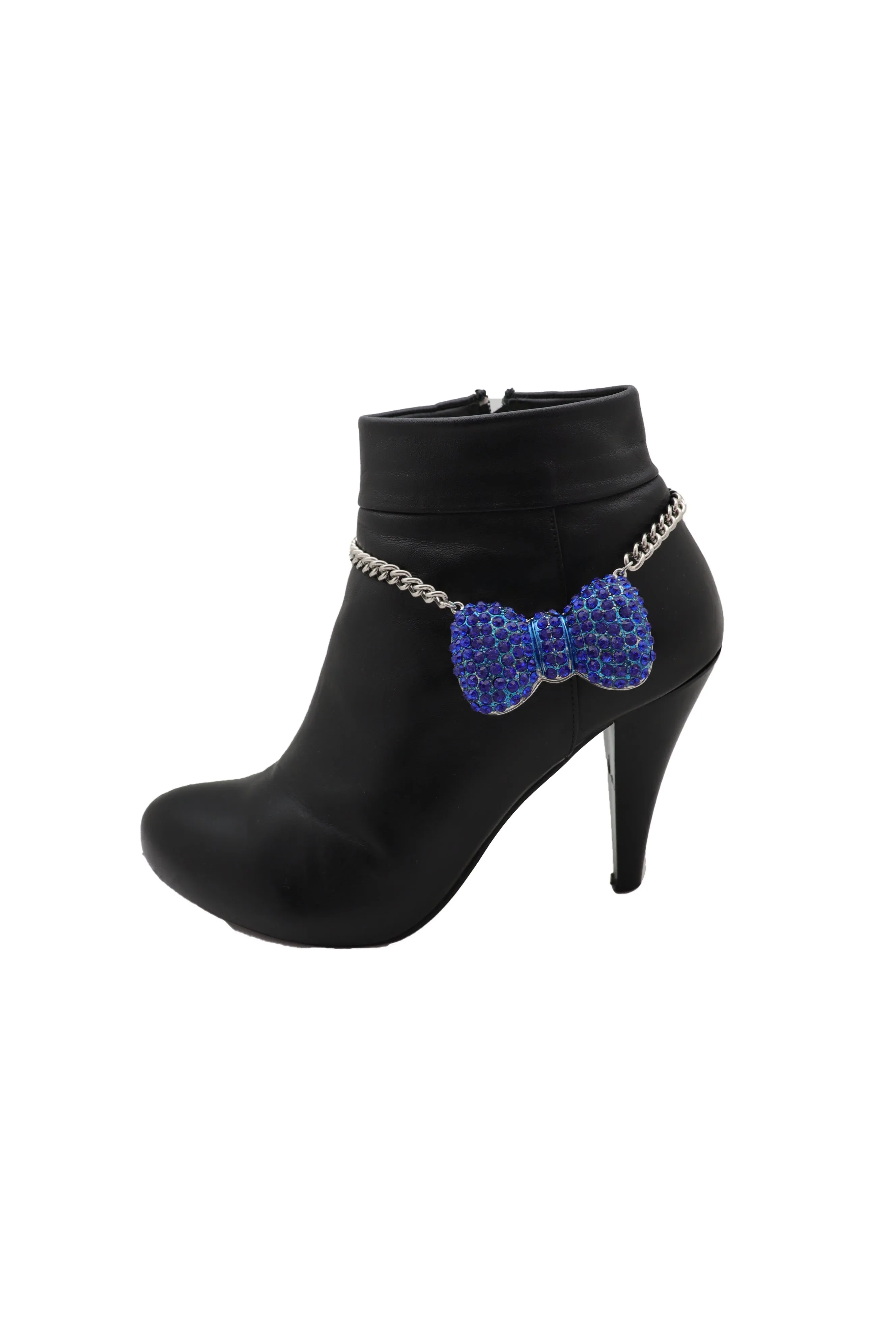 Silver Metal Chain Boot Bracelet Western Blue Bow Tie Charm Shoe Anklet