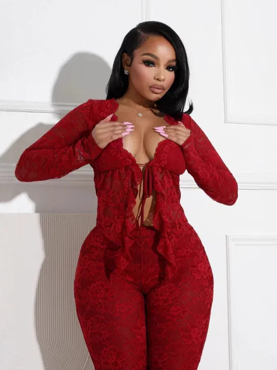 Sultry Lace Long-Sleeve Tie-Front Crop Top and Flared Pants Set