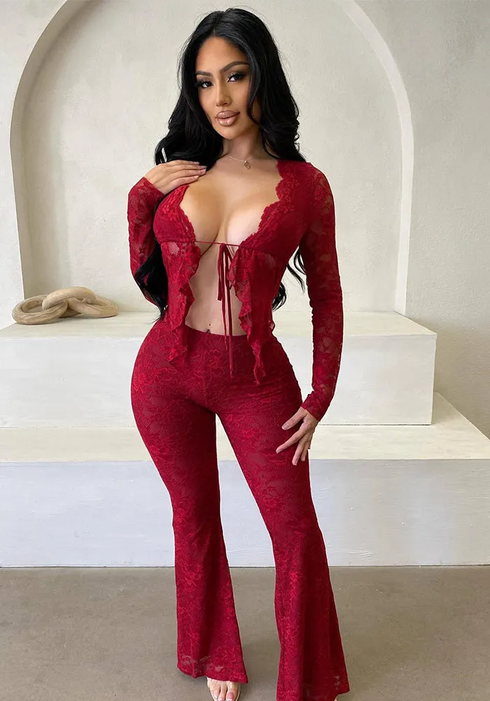 Sultry Lace Long-Sleeve Tie-Front Crop Top and Flared Pants Set