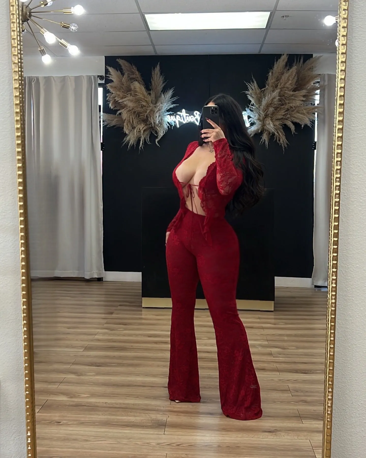 Sultry Lace Long-Sleeve Tie-Front Crop Top and Flared Pants Set