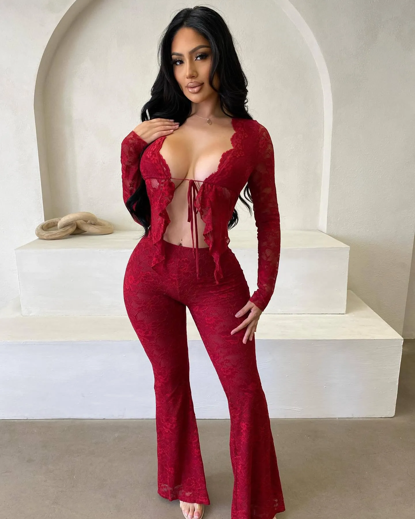Sultry Lace Long-Sleeve Tie-Front Crop Top and Flared Pants Set