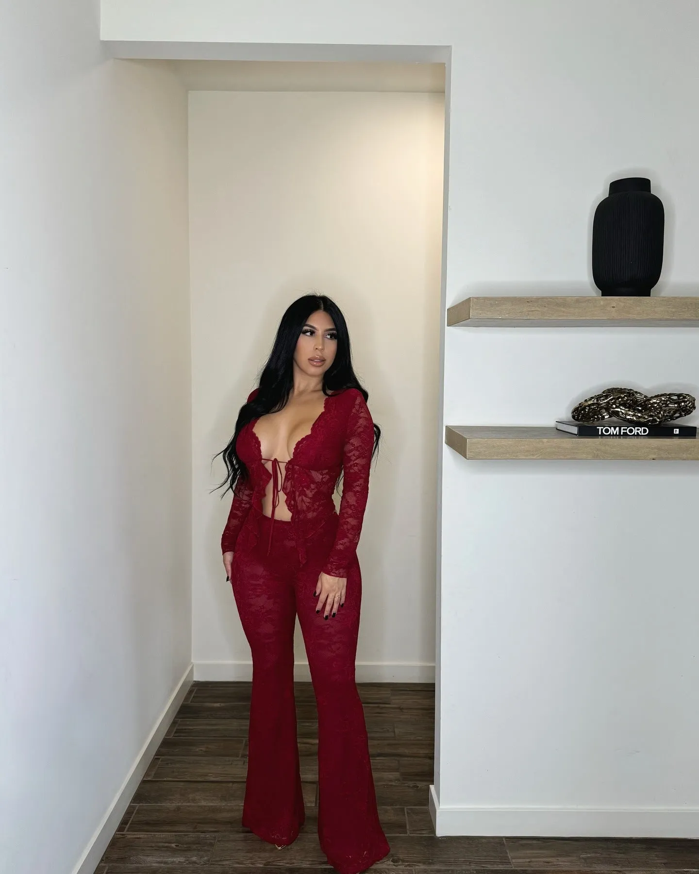 Sultry Lace Long-Sleeve Tie-Front Crop Top and Flared Pants Set